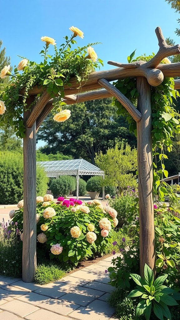 A driftwood trellis adorned with climbing plants and flowers, surrounded by vibrant garden blooms.
