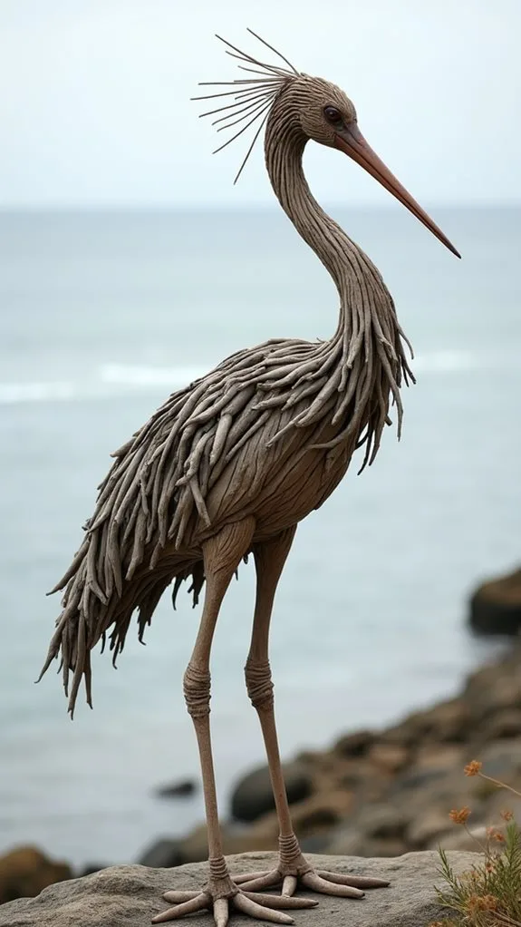 graceful driftwood crane sculpture
