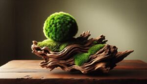 kokedama on driftwood