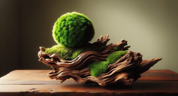 kokedama on driftwood