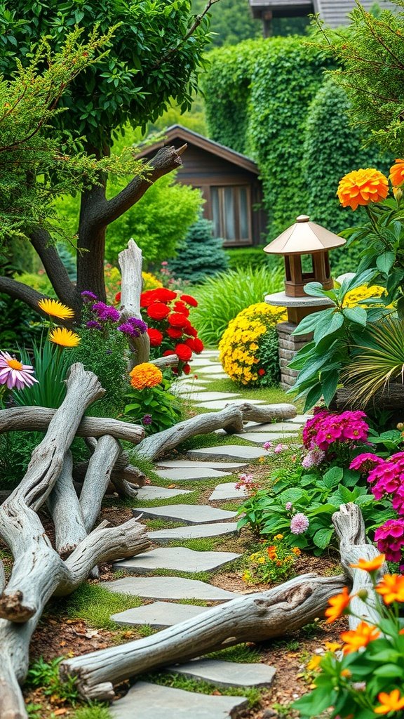 A garden pathway made of stone slabs with driftwood accents and vibrant flowers.