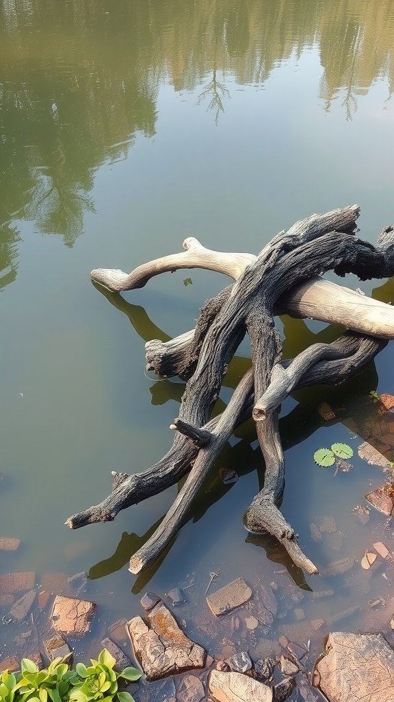 A collection of driftwood resting in a pond, surrounded by stones and greenery.