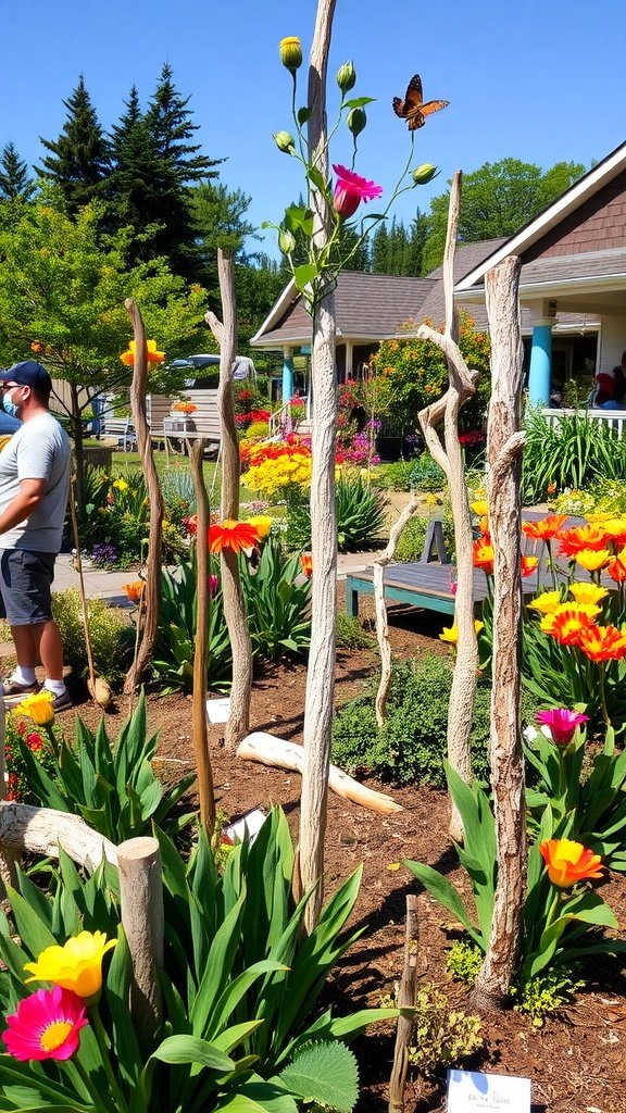 Colorful garden featuring tall driftwood art among vibrant flowers