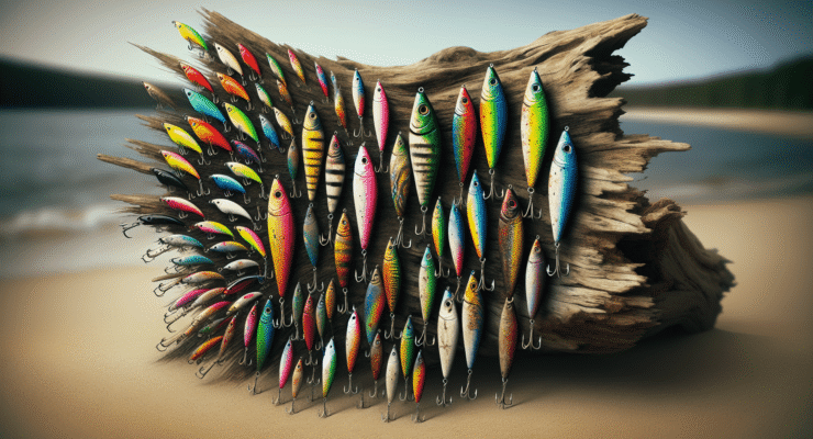 fishing lures on driftwood