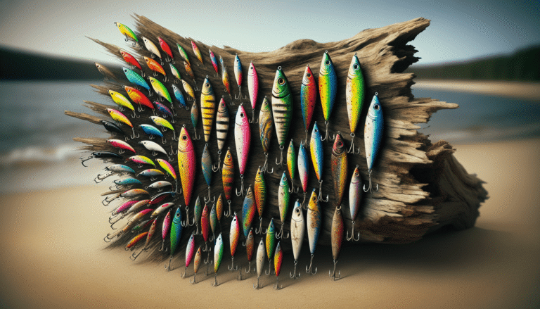 fishing lures on driftwood