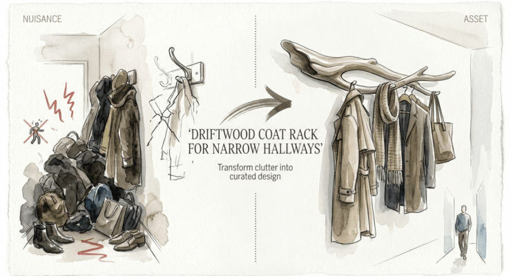 Driftwood Coat Rack For Narrow Hallways