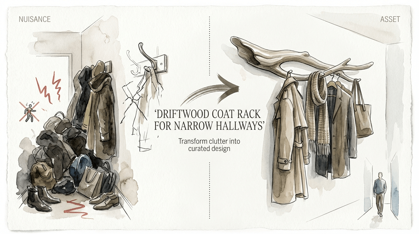 Driftwood Coat Rack For Narrow Hallways