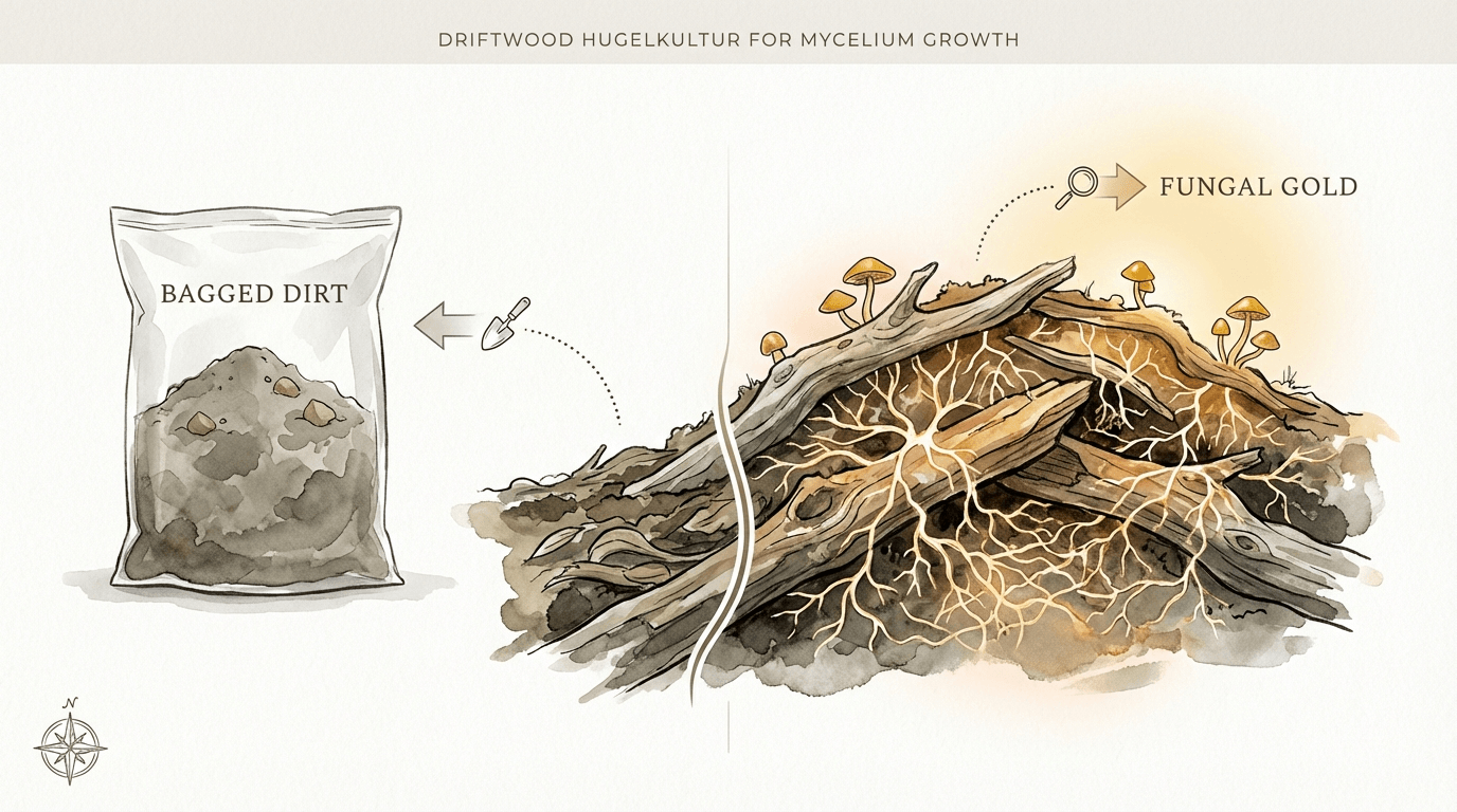 Driftwood Hugelkultur For Mycelium Growth