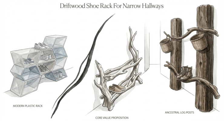 Driftwood Shoe Rack For Narrow Hallways