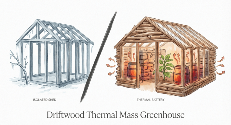 Driftwood Thermal Mass Greenhouse