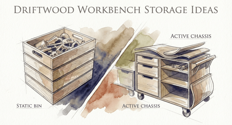 Driftwood Workbench Storage Ideas
