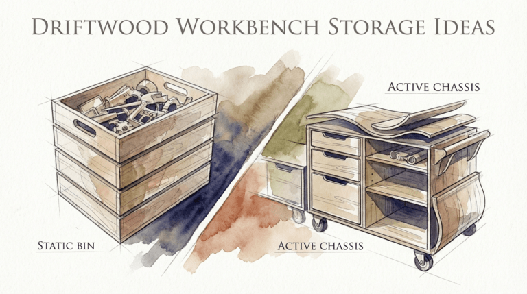 Driftwood Workbench Storage Ideas