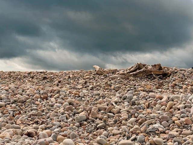 hot weather, pebbles, beach, driftwood, summer, stormy, nature, storm, sky, coast, outdoors, tempest, brown storm