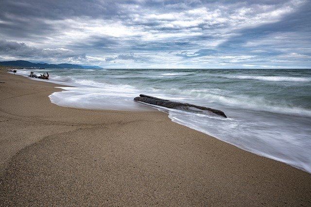 ocean, waves, sand, coast, nature, driftwood, cloudy sky, japan sea, landscape, yamagata prefecture, japan