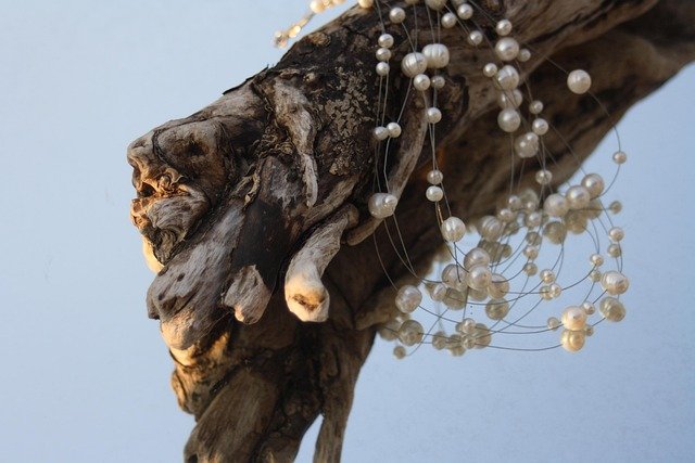 driftwood, pearls, decoration, blue, mirrors, jewellery