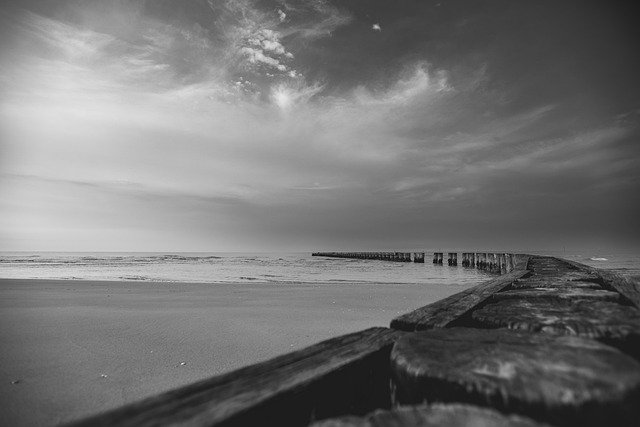 beach, nature, ocean, monochrome, sea, outdoors, shore, sky, clouds, sand