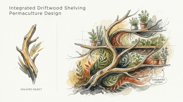 Integrated Driftwood Shelving Permaculture Design