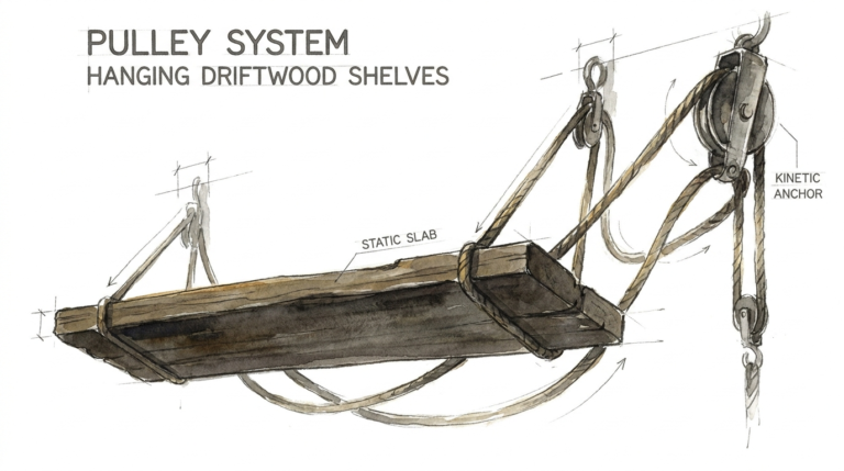 Pulley System Hanging Driftwood Shelves