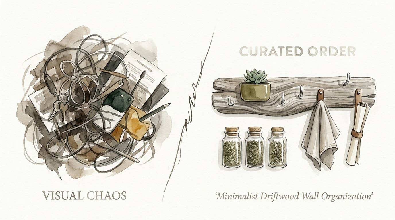 Minimalist Driftwood Wall Organization